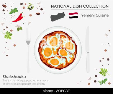 Jemenitische Küche. Naher Osten Nationalgericht Sammlung. Shakshouka isoliert auf Weiss, infograpic. Vector Illustration Stock Vektor