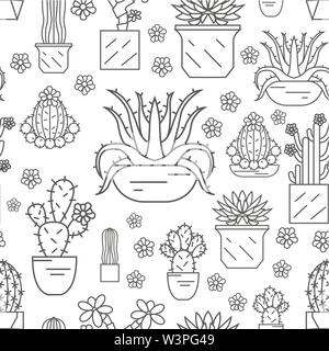 Kakteen und Sukkulenten nahtlose Muster. Thin Line Design. Zimmerpflanzen. Vector Illustration Stock Vektor