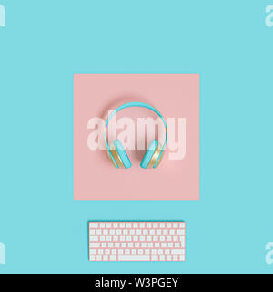 Moderne Gold und Hellblau audio Kopfhörer und PC-Tastatur auf einem 2-farbigen Hintergrund in Flach Stil. 3D-Bild rendern Stockfoto