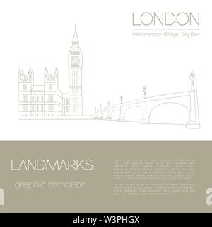 Welt Wahrzeichen. London. Vereinigtes Königreich. die Westminster Abbey, die Bridge, Big Ben. Grafische Vorlage. Logos und Schriftzüge. Geradliniges Design. Vector Illustration Stock Vektor