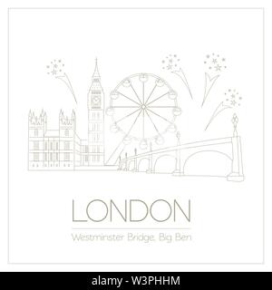 Welt Wahrzeichen. London. Vereinigtes Königreich. die Westminster Abbey, die Bridge, Big Ben. Grafische Vorlage. Logos und Schriftzüge. Geradliniges Design. Vector Illustration Stock Vektor