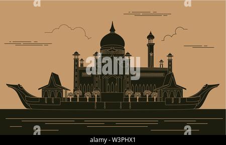 Stadt Gebäude grafische Vorlage. Sultan Omar Moschee. Brunei. Vector Illustration Stock Vektor