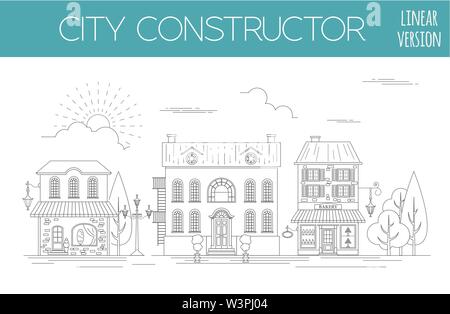Große Stadt Map Creator. Outline Version. Haus Konstruktor. House, Cafe, Restaurant, Shop, Infrastruktur, Industrie, Verkehr, Dorf und Gebiete Stock Vektor
