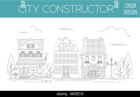 Große Stadt Map Creator. Outline Version. Haus Konstruktor. House, Cafe, Restaurant, Shop, Infrastruktur, Industrie, Verkehr, Dorf und Gebiete Stock Vektor