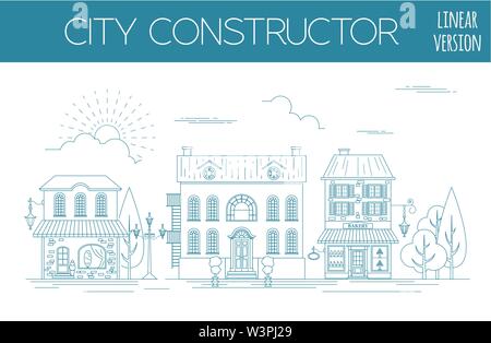 Große Stadt Map Creator. Outline Version. Haus Konstruktor. House, Cafe, Restaurant, Shop, Infrastruktur, Industrie, Verkehr, Dorf und Gebiete Stock Vektor