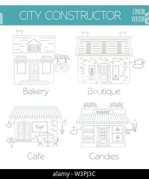Große Stadt Map Creator. Outline Version. Haus Konstruktor. House, Cafe, Restaurant, Shop, Infrastruktur, Industrie, Verkehr, Dorf und Gebiete Stock Vektor