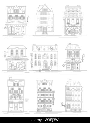 Große Stadt Map Creator. Outline Version. Haus Konstruktor. House, Cafe, Restaurant, Shop, Infrastruktur, Industrie, Verkehr, Dorf und Gebiete Stock Vektor