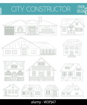 Große Stadt Map Creator. Outline Version. Haus Konstruktor. House, Cafe, Restaurant, Shop, Infrastruktur, Industrie, Verkehr, Dorf und Gebiete Stock Vektor
