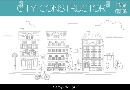 Große Stadt Map Creator. Outline Version. Haus Konstruktor. House, Cafe, Restaurant, Shop, Infrastruktur, Industrie, Verkehr, Dorf und Gebiete Stock Vektor