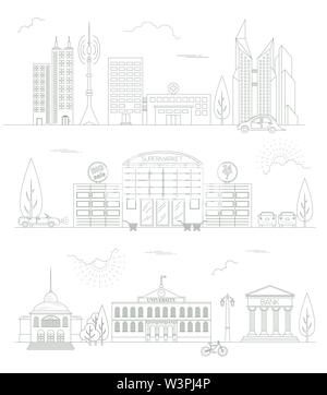 Große Stadt Map Creator. Outline Version. Haus Konstruktor. House, Cafe, Restaurant, Shop, Infrastruktur, Industrie, Verkehr, Dorf und Gebiete Stock Vektor