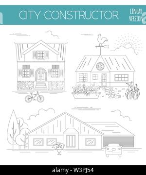 Große Stadt Map Creator. Outline Version. Haus Konstruktor. House, Cafe, Restaurant, Shop, Infrastruktur, Industrie, Verkehr, Dorf und Gebiete Stock Vektor