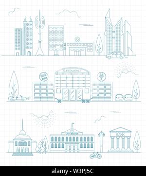 Große Stadt Map Creator. Outline Version. Haus Konstruktor. House, Cafe, Restaurant, Shop, Infrastruktur, Industrie, Verkehr, Dorf und Gebiete Stock Vektor