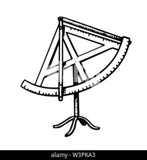 Sextant wissenschaftlichen Messinstrument. Astronomie Skizze für Emblem oder Logo im Vintage Style. Gerät für die Sonne und andere Objekte über dem Stock Vektor