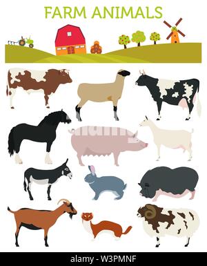 Tierhaltung, Tierzucht. Die Rinder-, Schweine-, Ziegen-, Schiff, Pferd, Esel, Kaninchen, Fell Icon Set isoliert auf Weiss. Flache Bauform. Vector Illustration Stock Vektor