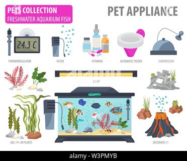 Aquarium gerät Icon Set Flat Style isoliert auf Weiss. Süßwasserfische care Collection. Erstellen Sie eigene Infografik über pet. Vector Illustration Stock Vektor