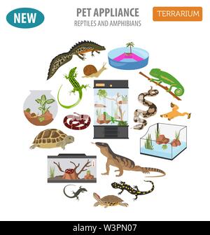 Pet-Gerät Icon Set Flat Style isoliert auf Weiss. Reptilien und Amphibien care Collection. Erstellen Sie eigene Infografik. Vector Illustration Stock Vektor