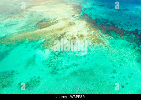 Helle Lagune mit klarem Wasser und Korallen, Ansicht von oben. Meer Oberfläche über dem Meer Atoll. Seascape. Stockfoto