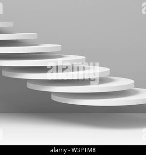 Leere Treppe Installation von fliegenden weißen zylindrische Objekte über graue Wand Hintergrund, Quadrat 3D Rendering illustration Stockfoto