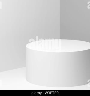 Weiß zylindrische Podium über weiße Wände Hintergrund, Quadrat 3D Rendering illustration Stockfoto
