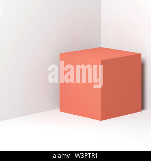 Rosa Cube steht in leere weiße Ecke. Platz 3D Rendering illustration Stockfoto