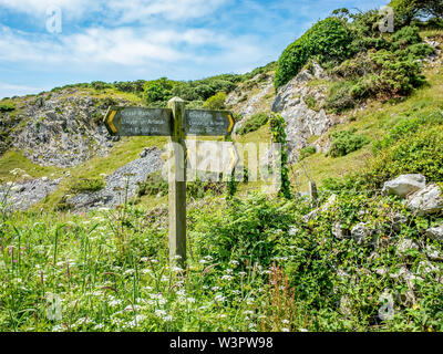 Die walisische Küste Weg, Gower, South Wales. Holz- Wegweiser und Richtung Zeichen zeigen den Weg auf dem Küstenweg Stockfoto