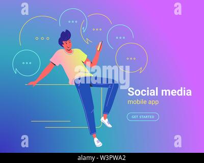 Mann mit Mobile App Konzept Vector Illustration der junge Kerl saß bei der Verwendung von Mobile App für SMS und Instant Messages in sozialen Medi-Smartphone Stock Vektor