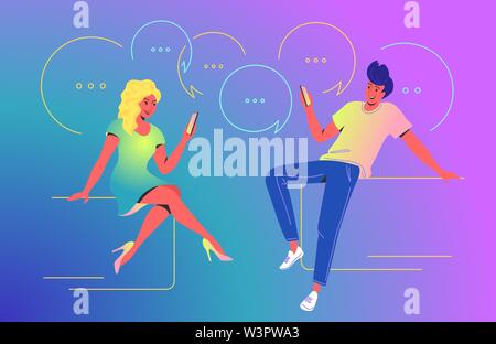 Paar mit Mobile App Konzept Vector Illustration. Junger Mann und Frau sitzt mit Smartphone mit der für den Versand von SMS und Instant Messages in mobile App Stock Vektor
