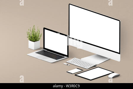 Geräte reagieren auf braunem Hintergrund 3D Rendering mockup Stockfoto