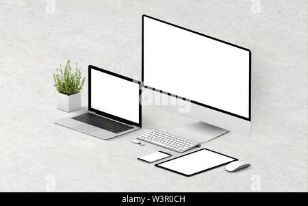 Geräte reagieren auf konkreten Hintergrund 3D Rendering mockup Stockfoto