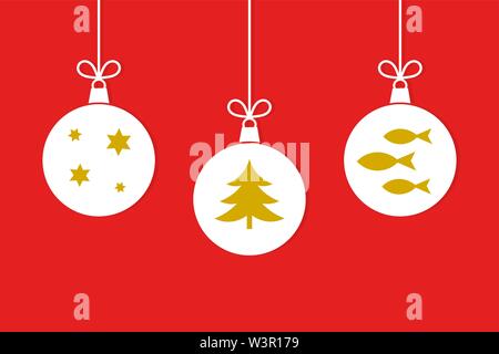 Drei Weihnachten hängenden Kugeln Ornamente auf roten Hintergrund. Vector Illustration, flache Bauform. Stock Vektor