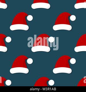 Santa Claus Hüte auf blauem Hintergrund. Weihnachten Abbildung: Muster. Stock Vektor