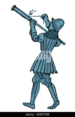 15. Jahrhundert Kriegsführung - ein Soldat gunman Brennen eine frühe Form der Waffe (die Hand cannon, gonne oder handgonne) durch manuelle Zündung durch ein Loch bei Beleuchtung mit einem schwelbrand Sicherung gefeuert. Stockfoto