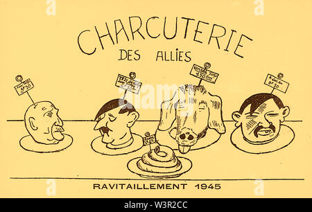 Eine französische WWII Cartoon 1945/satirischen Postkarte mit Bestimmungen für die Truppen in der Form des Staats alle Führer der Feind als kaltes Fleisch für den Verzehr (Wurstwaren) Jede auf einer Platte. ('ReRache ist am besten kalt serviert") Stockfoto