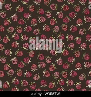 Die nahtlose Vektor Muster mit einfachen Spaß rose Erdbeeren Formen auf dunklem Hintergrund Stock Vektor