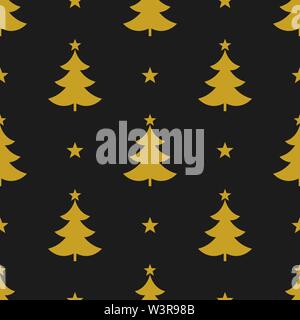 Weihnachten Bäume und Sterne nahtlose Gold Muster. Schwarzen Hintergrund. Stock Vektor