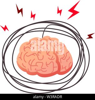 Gehirn Stress, wütend Konzept. Stress der menschlichen Gehirn, internen Organ mit externen Faktoren Vector Illustration hervorgehoben. Gehirn betonte mit rot l Stock Vektor