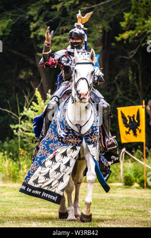 Eine gepanzerte Ritter auf seinem weißen Pferd Wellen als er betritt die Arena während einer historischen Re-enactment Turnier Woche in Arundel Castle © Julia Claxton Stockfoto