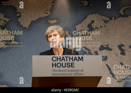 London/Großbritannien - 17 Juli, 2019: Der britische Premierminister Theresa May gibt ihr letzte große Rede vor Rücktritt, im Chatham House in London. Stockfoto