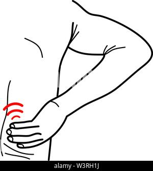 Vektor Kontur Illustration - Rückenschmerzen. Der Mann hält sich zurück mit seiner Hand Stock Vektor