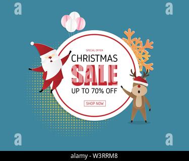 Weihnachten Verkauf promotion banner Hintergrund mit Dekoration, Weihnachtsmann und Rentiere in Papier schneiden Stil. Design für Banner, Flyer, Broschüre, advertisi Stock Vektor