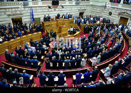 Athen, Griechenland. 17. Juli, 2019. Ansicht des Griechischen Parlaments während der Vereidigung Zeremonie. Credit: Dimitrios Karvountzis/Pacific Press/Alamy leben Nachrichten Stockfoto