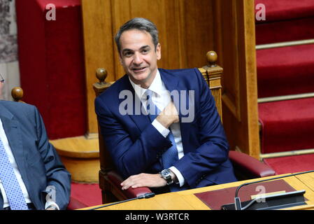 Athen, Griechenland. 17. Juli, 2019. Der griechische Premierminister Kyriakos Mitsotakis im griechischen Parlament für den Schwur Zeremonie. Credit: Dimitrios Karvountzis/Pacific Press/Alamy leben Nachrichten Stockfoto