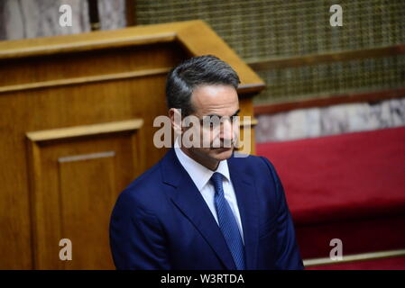 Athen, Griechenland. 17. Juli, 2019. Der griechische Premierminister Kyriakos Mitsotakis im griechischen Parlament für den Schwur Zeremonie. Credit: Dimitrios Karvountzis/Pacific Press/Alamy leben Nachrichten Stockfoto