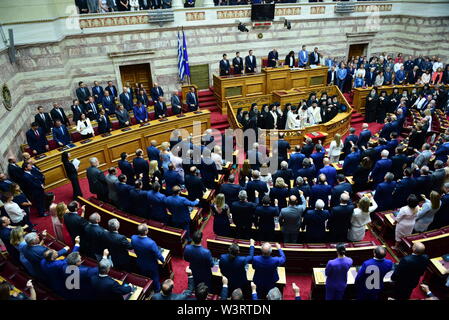 Athen, Griechenland. 17. Juli, 2019. Ansicht des Griechischen Parlaments während der Vereidigung Zeremonie. Credit: Dimitrios Karvountzis/Pacific Press/Alamy leben Nachrichten Stockfoto