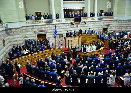 Athen, Griechenland. 17. Juli, 2019. Ansicht des Griechischen Parlaments während der Vereidigung Zeremonie. Credit: Dimitrios Karvountzis/Pacific Press/Alamy leben Nachrichten Stockfoto