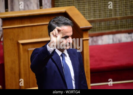 Athen, Griechenland. 17. Juli, 2019. Der griechische Premierminister Kyriakos Mitsotakis im griechischen Parlament während der Vereidigung Zeremonie. Credit: Dimitrios Karvountzis/Pacific Press/Alamy leben Nachrichten Stockfoto