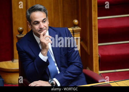 Athen, Griechenland. 17. Juli, 2019. Der griechische Premierminister Kyriakos Mitsotakis im griechischen Parlament für den Schwur Zeremonie. Credit: Dimitrios Karvountzis/Pacific Press/Alamy leben Nachrichten Stockfoto