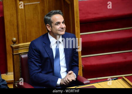 Athen, Griechenland. 17. Juli, 2019. Der griechische Premierminister Kyriakos Mitsotakis im griechischen Parlament für den Schwur Zeremonie. Credit: Dimitrios Karvountzis/Pacific Press/Alamy leben Nachrichten Stockfoto