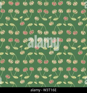 Die nahtlose Vektor doodle Muster mit rosa Kirschen auf grünem Hintergrund Stock Vektor
