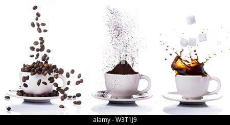 Drei kleine Tassen der verschiedenen Arten von Kaffee: Kaffee Bohnen, gemahlen und mit flüssiger Kaffee. Stockfoto